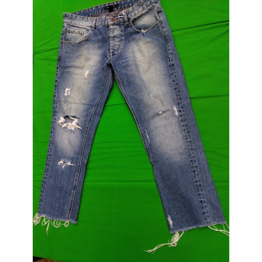 21 MEN Selvedge Relaxed Straight Light Blue Jeans Distressed 33x32 Raw Hem